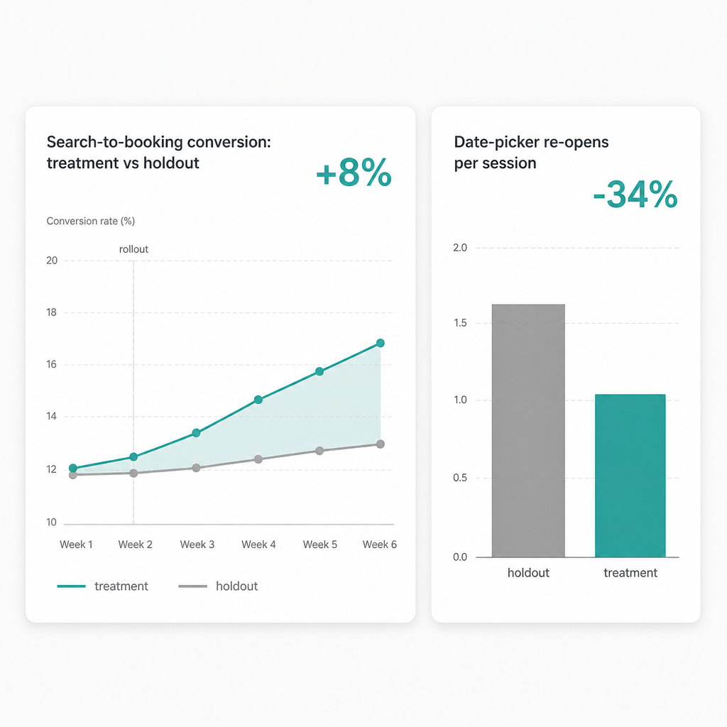 The experiment dashboard: conversion lift on thrash-intent sessions against the holdout, the drop in date-picker re-opens, and the guardrail panel (ADR, cancellations, latency) holding flat.