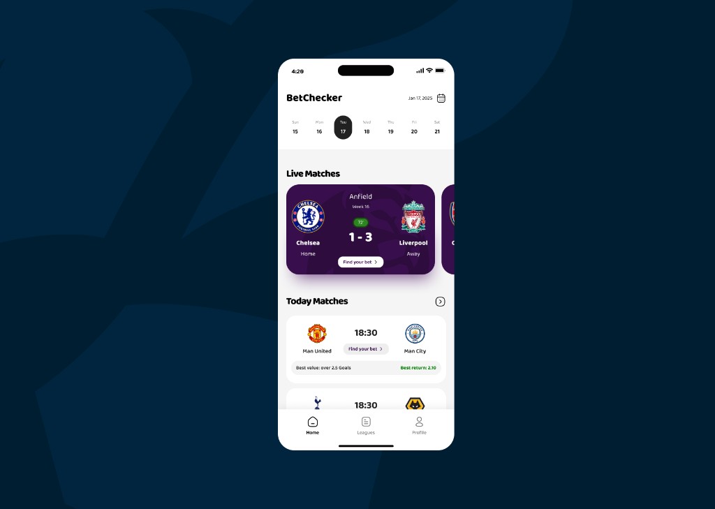  BetChecker: the home opens on the day's matches, each card surfacing the recommended bet and the best return rather than a wall of raw odds 