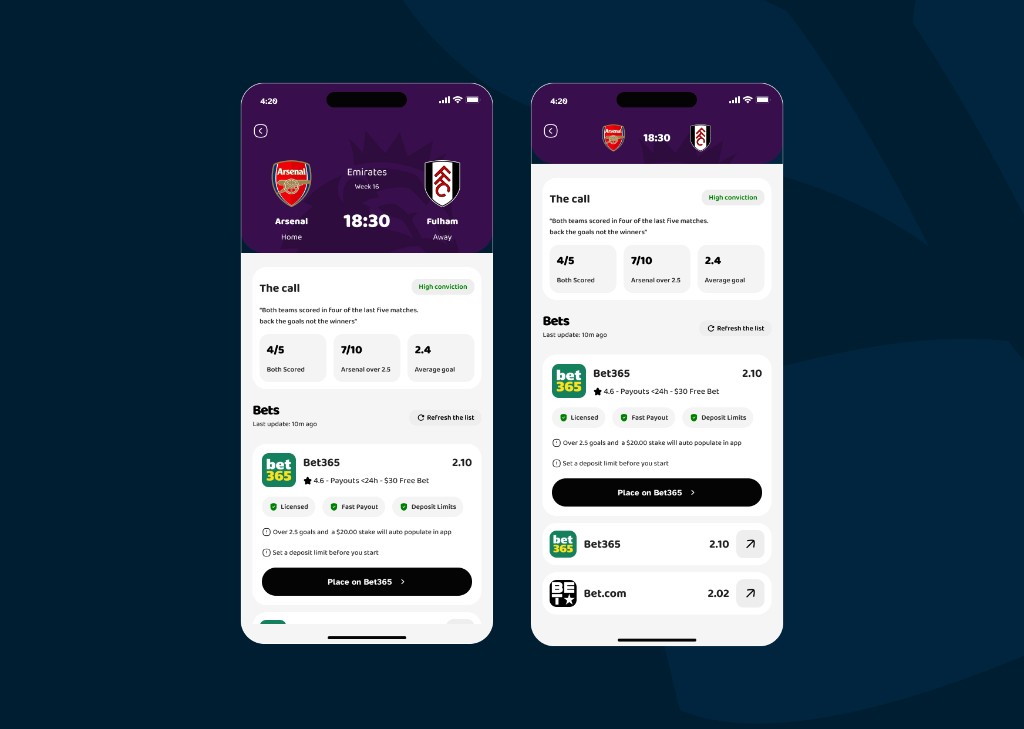  The match page on one scroll: the reasoned call with its conviction and stats, then every bookmaker ranked by return, then the top pick's trust profile resolved right at the hand-off 
